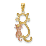 Sitting Open Cat Figure With Smaller Cat Charm Pendant in Real 14k Multi-Tone Gold