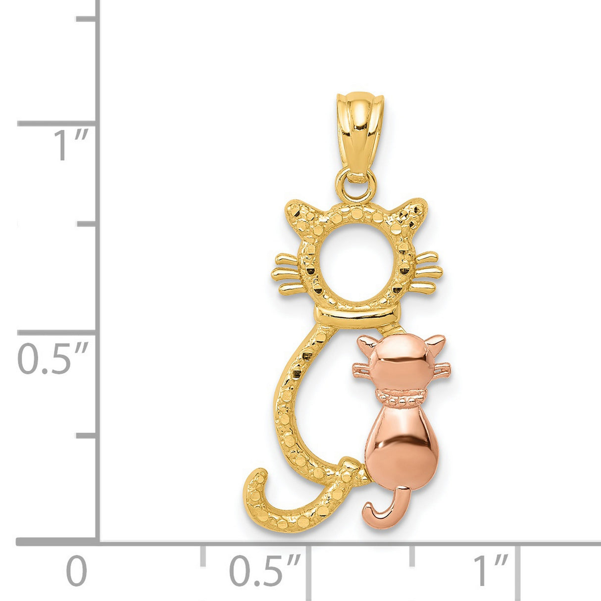 Sitting Open Cat Figure With Smaller Cat Charm Pendant in Real 14k Multi-Tone Gold