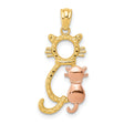 Sitting Open Cat Figure With Smaller Cat Charm Pendant in Real 14k Multi-Tone Gold