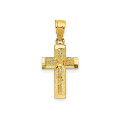 14k Yellow Gold Cross Pendant with Cut-Out Design, Textured Polished Finish, Religious Jewelry