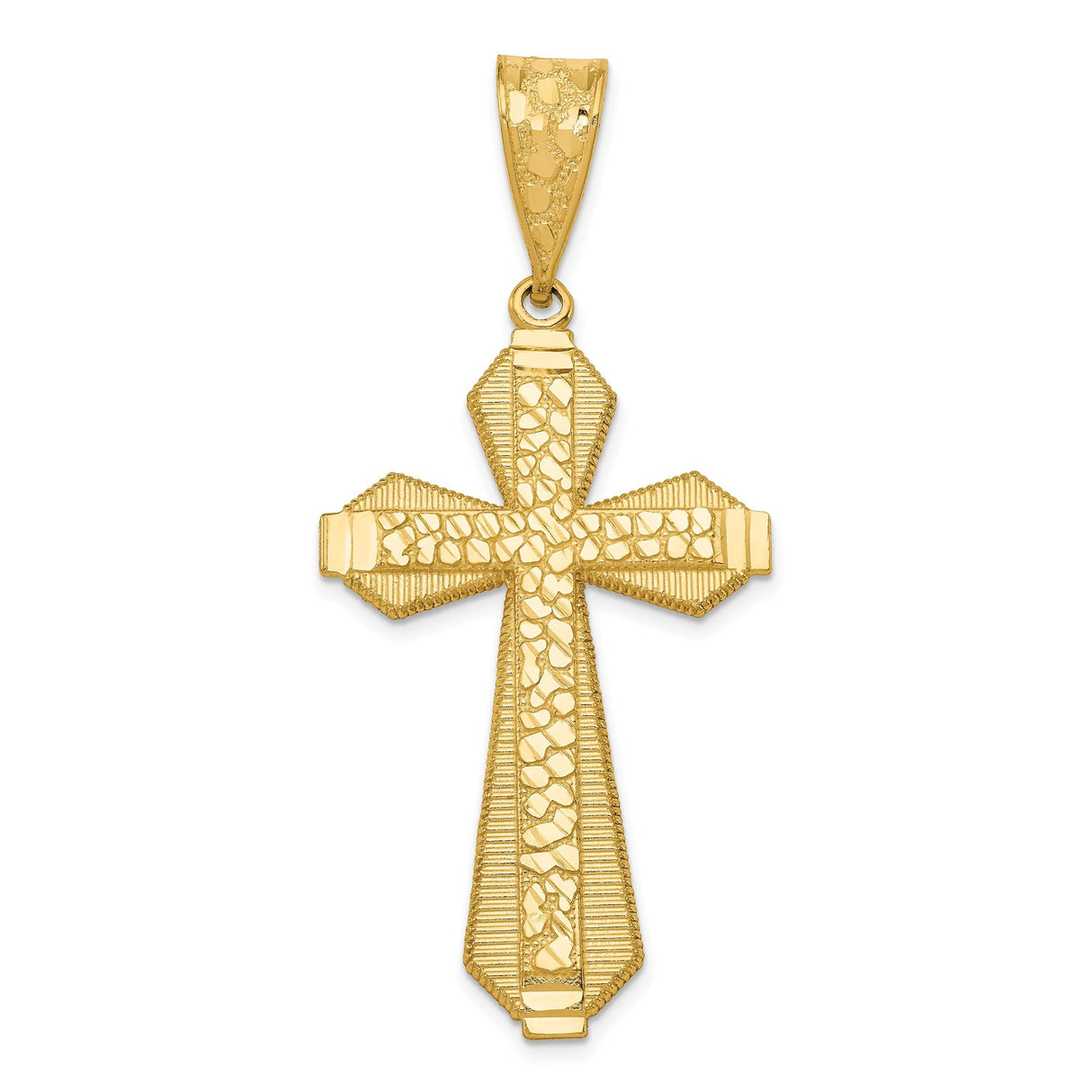 14k Yellow Gold Tapered Latin Cross Pendant, Textured Religious Charm with High Polish Finish