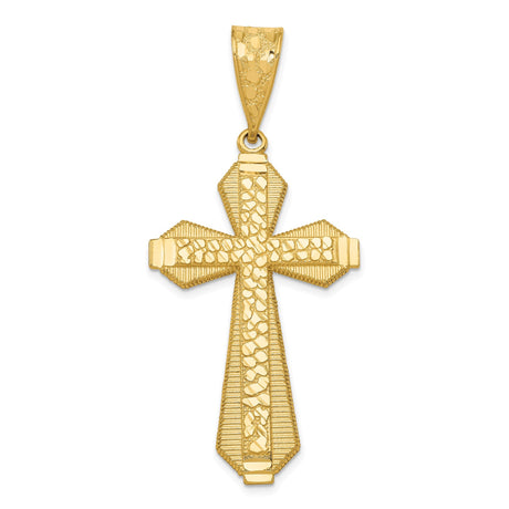 14k Yellow Gold Tapered Latin Cross Pendant, Textured Religious Charm with High Polish Finish