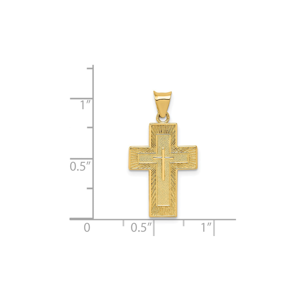 14k Yellow Gold Latin Cross Pendant with Textured Sunburst and Raised Layer Design