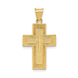 14k Yellow Gold Latin Cross Pendant with Textured Sunburst and Raised Layer Design