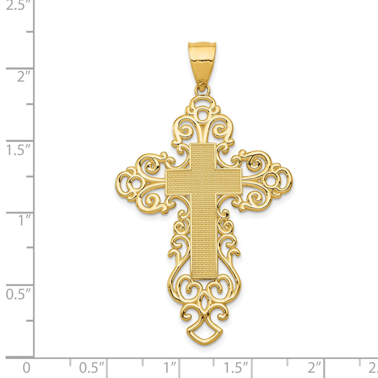 Solid Filigree Budded Cross With Second Inset Textured Latin Cross Charm Pendant in Real 14k Yellow Gold