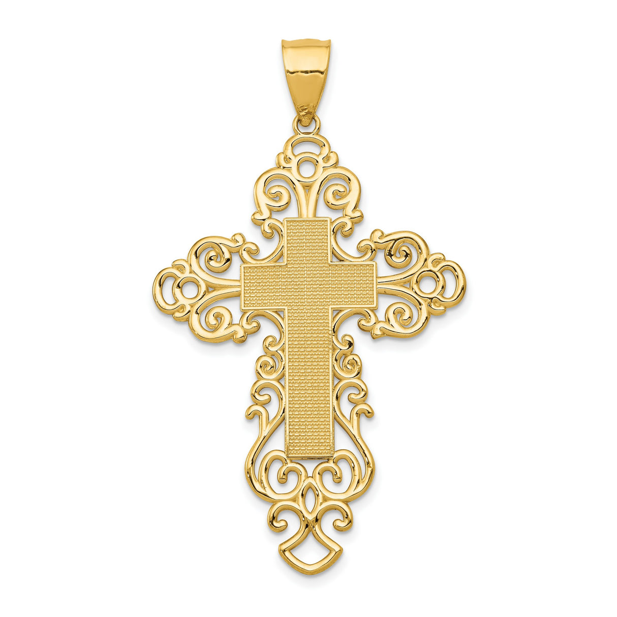 Solid Filigree Budded Cross With Second Inset Textured Latin Cross Charm Pendant in Real 14k Yellow Gold