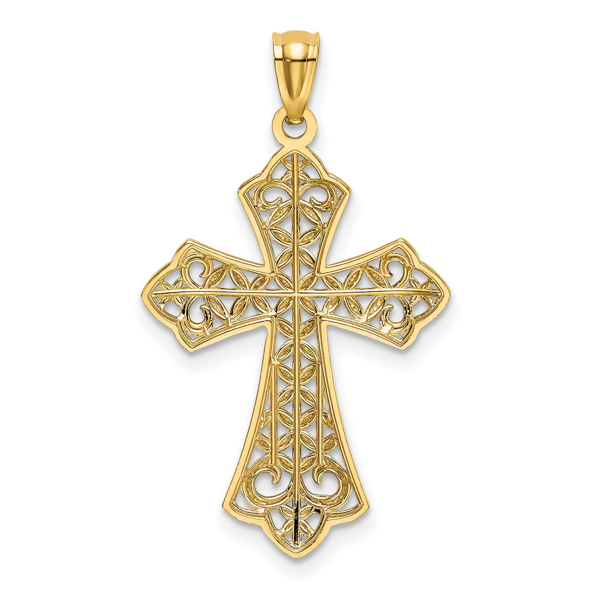 Polished Fleur de lis Cross With Rhodium Accents Charm Pendant in Real 14k Multi-Tone Gold