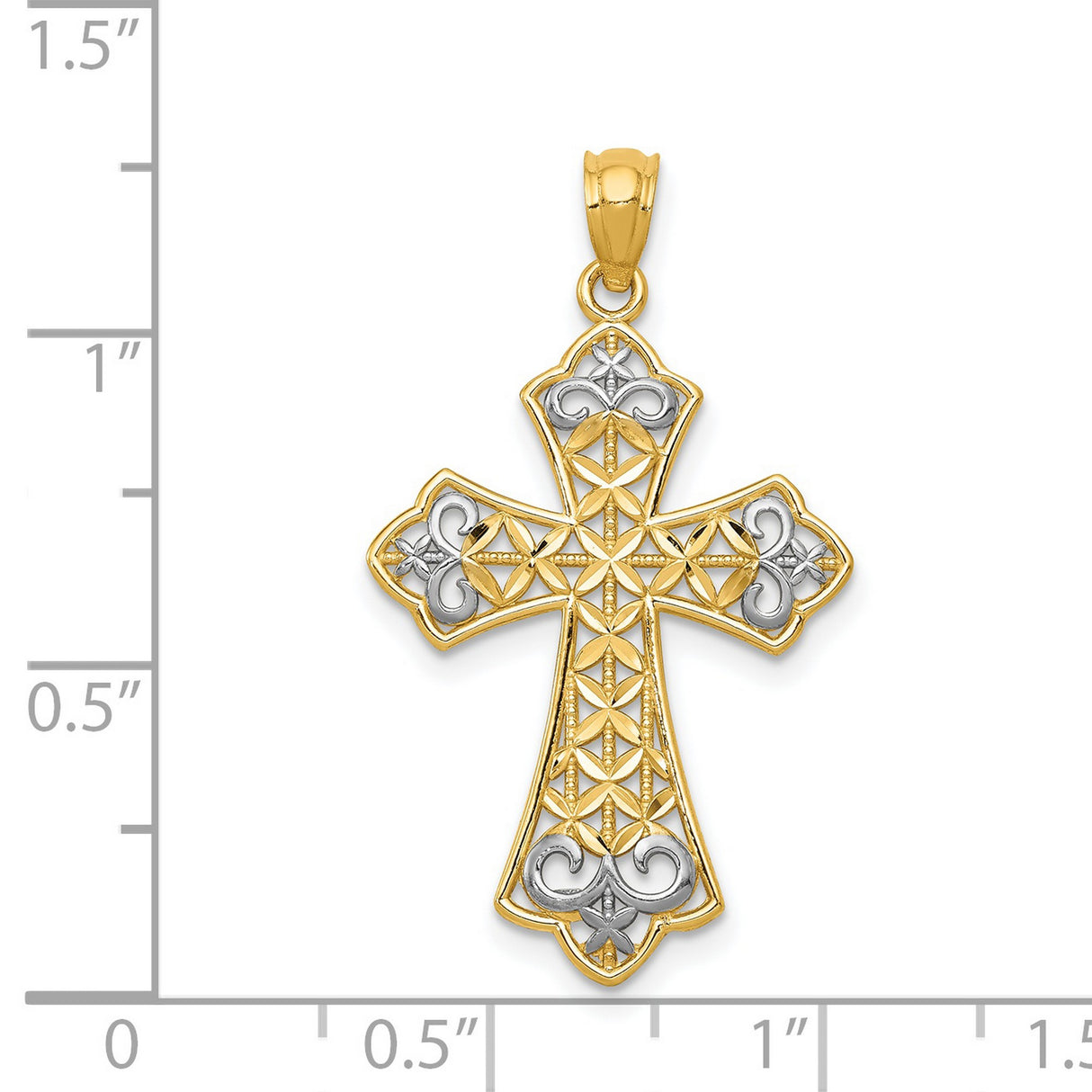 Polished Fleur de lis Cross With Rhodium Accents Charm Pendant in Real 14k Multi-Tone Gold