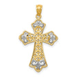 Polished Fleur de lis Cross With Rhodium Accents Charm Pendant in Real 14k Multi-Tone Gold