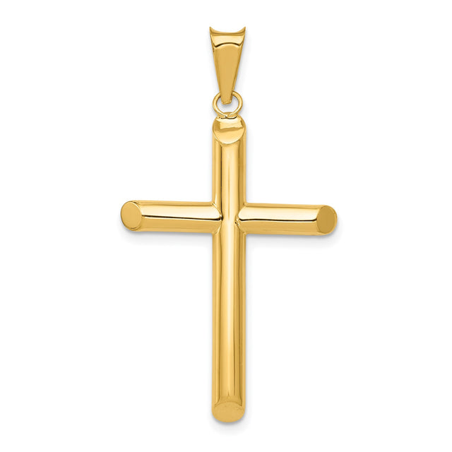 14k Yellow Gold Latin Cross Pendant with Polished Hollow Tubular Design for Men and Women