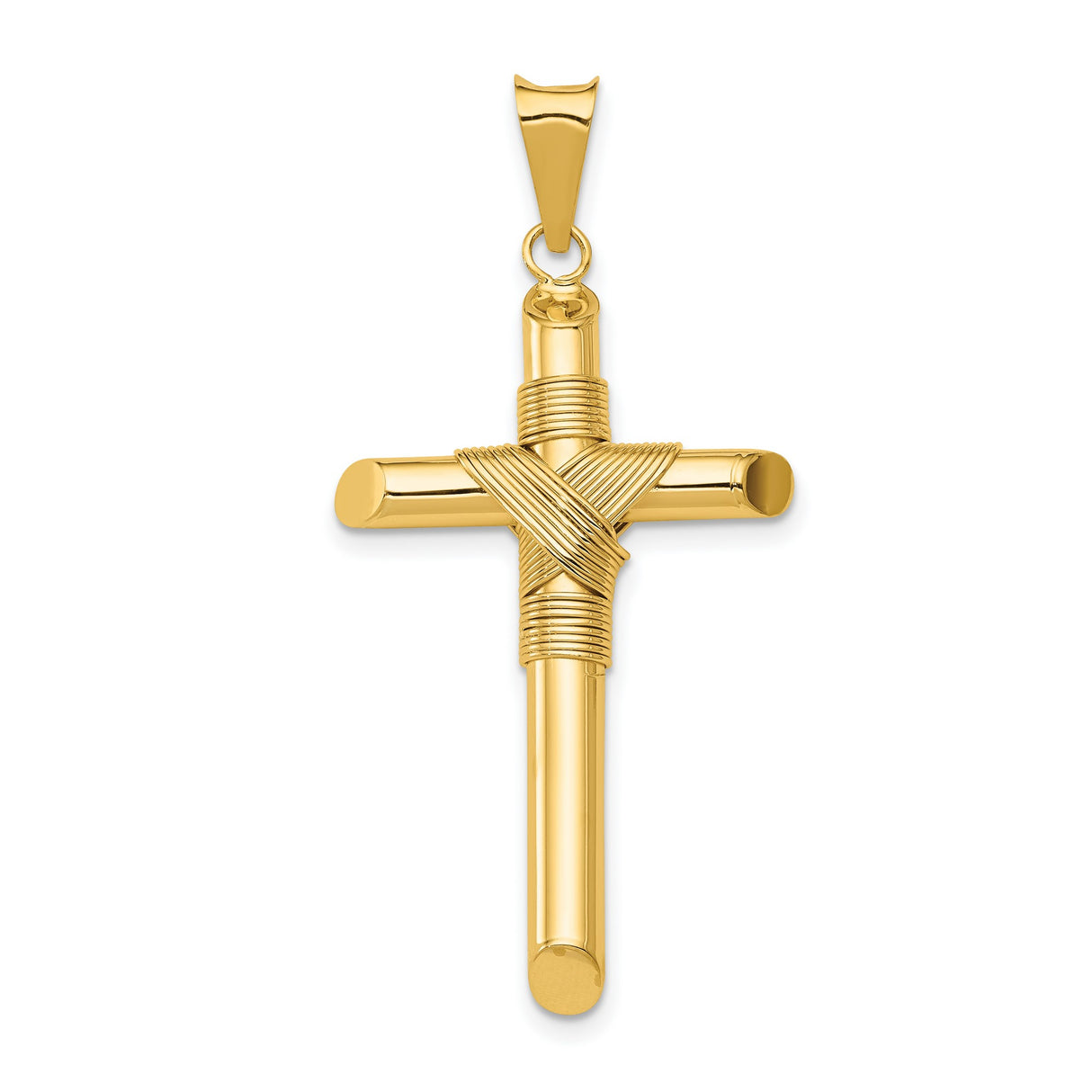 Polished Hollow Latin Rope Cross Charm Pendant in Real 14k Yellow Gold