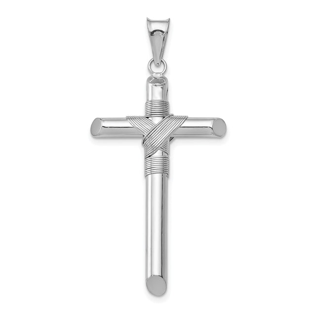 14k White Gold Cross Pendant with Textured Latin Rope Design for Men and Women