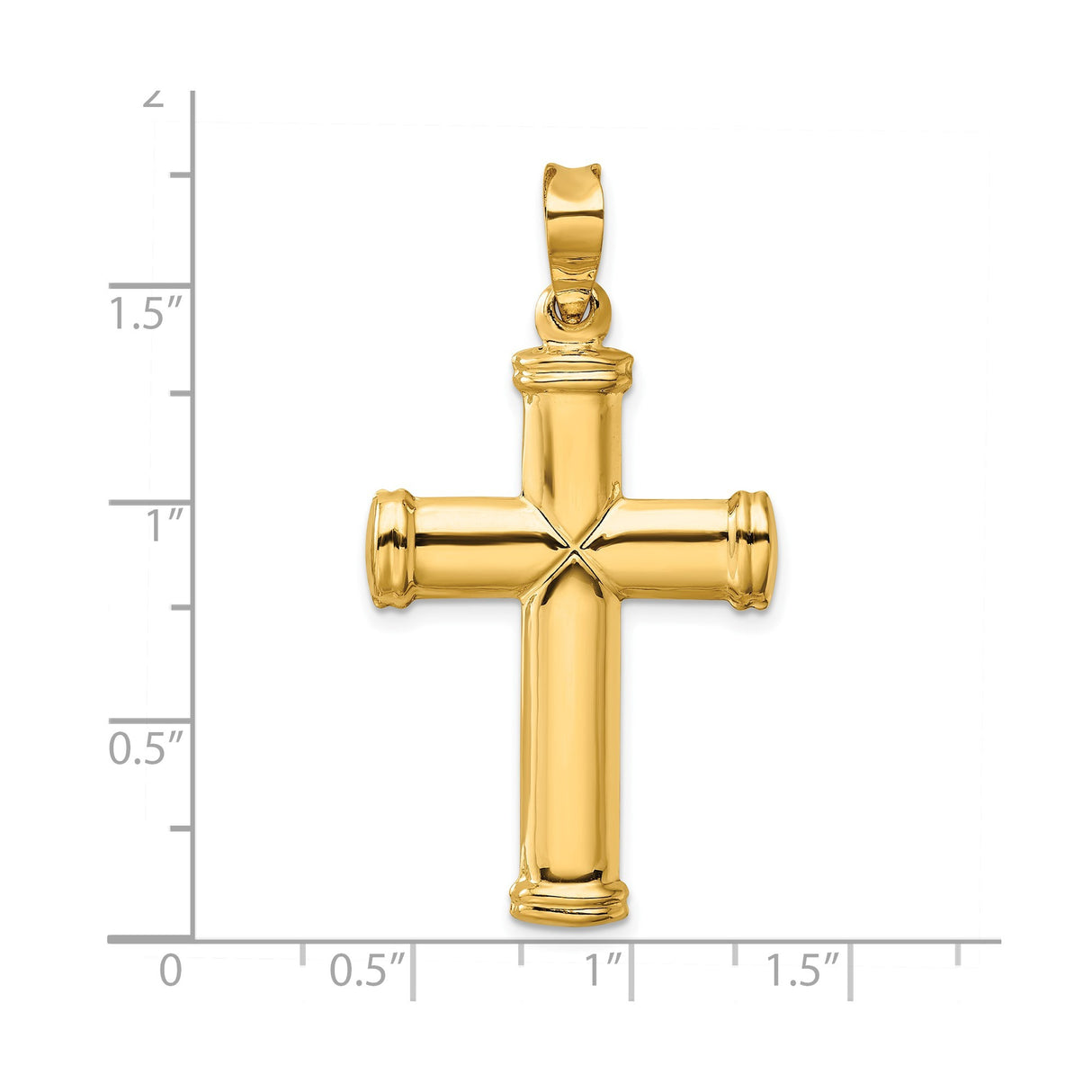 14k Yellow Gold Cross Pendant with Capped Ends and Cylindrical Arms, Polished Finish, Starburst Detail