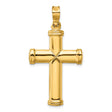 14k Yellow Gold Cross Pendant with Capped Ends and Cylindrical Arms, Polished Finish, Starburst Detail