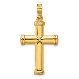 14k Yellow Gold Cross Pendant with Capped Ends and Cylindrical Arms, Polished Finish, Starburst Detail