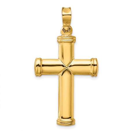 14k Yellow Gold Cross Pendant with Capped Ends and Cylindrical Arms, Polished Finish, Starburst Detail