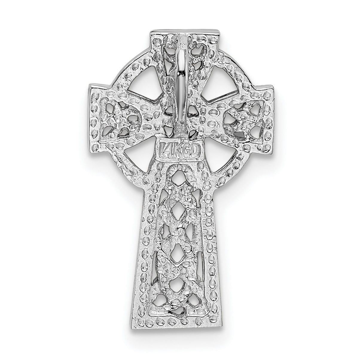 14k White Gold Cross Pendant with Celtic Knot Halo Design