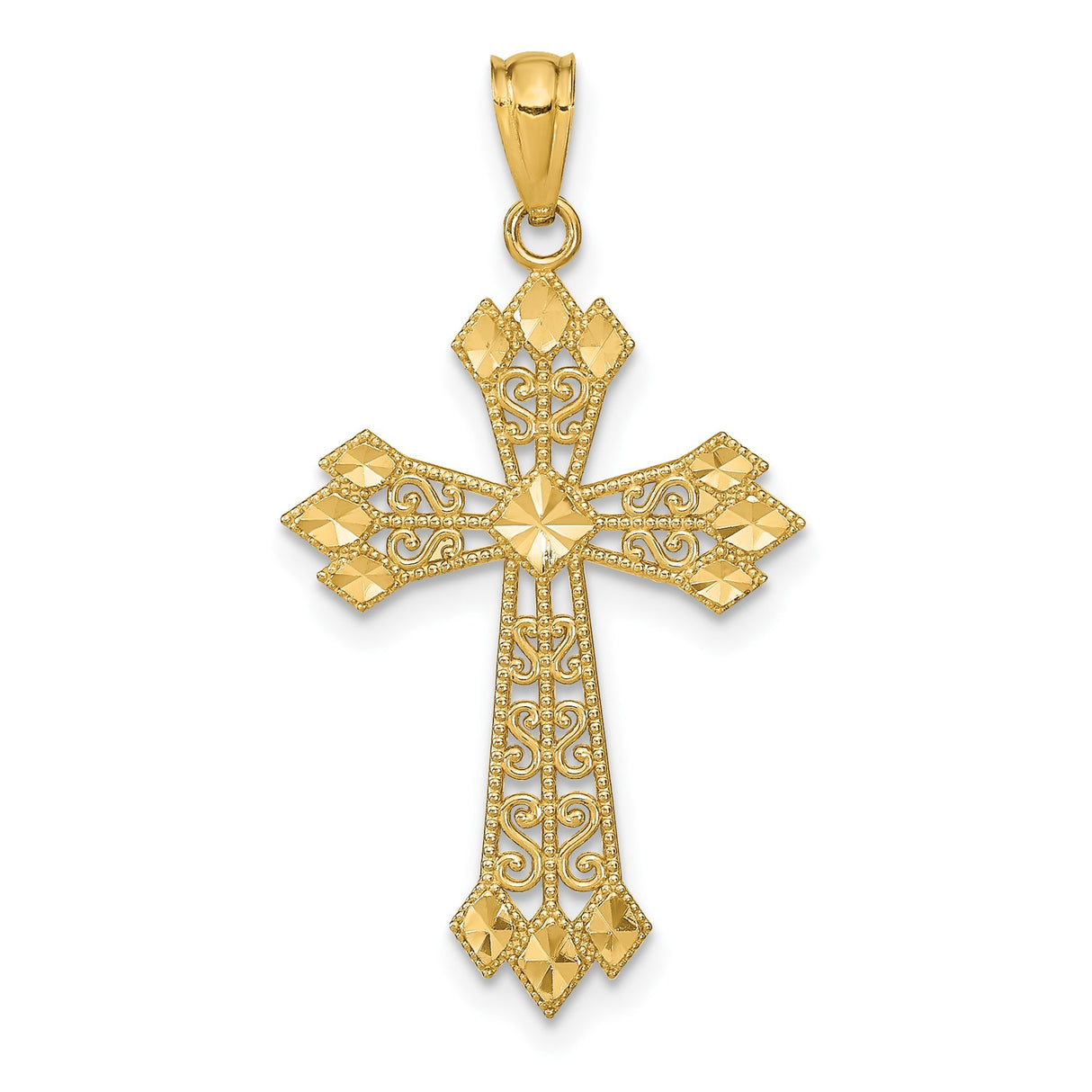 14k Yellow Gold Patonce Cross Pendant with Milgrain Border and Filigree Detailing
