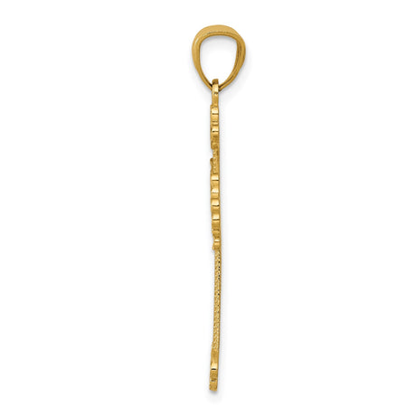 14k Yellow Gold Cross Pendant with Lace Filigree, Beaded Edge, and Scroll Pattern
