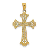 14k Yellow Gold Cross Pendant with Lace Filigree, Beaded Edge, and Scroll Pattern