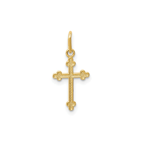 14k Yellow Gold Budded Cross Pendant with Textured Polished Trefoil Design for Men and Women