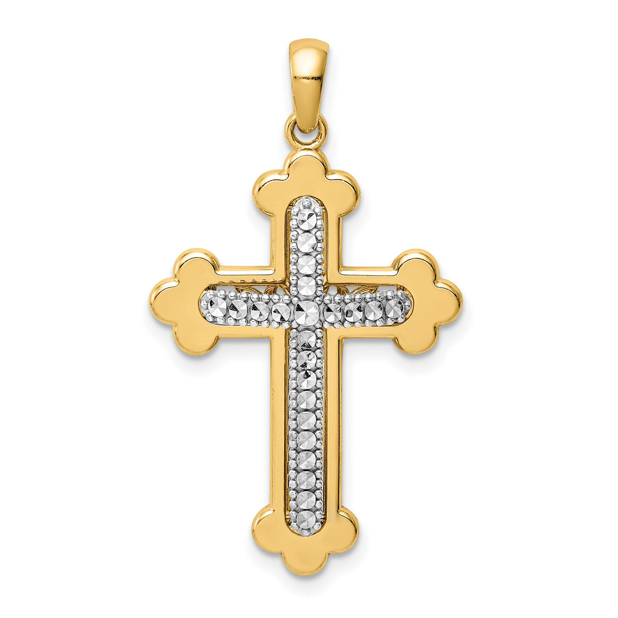 Accented Polished Budded Cross Charm Pendant in Real 14k Multi-Tone Gold