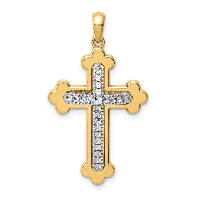 Accented Polished Budded Cross Charm Pendant in Real 14k Multi-Tone Gold
