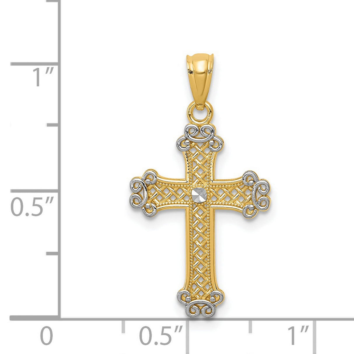 Accented Filigree Fleur De Lis Cross Charm Pendant in Real 14k Multi-Tone Gold