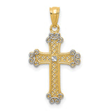 Accented Filigree Fleur De Lis Cross Charm Pendant in Real 14k Multi-Tone Gold