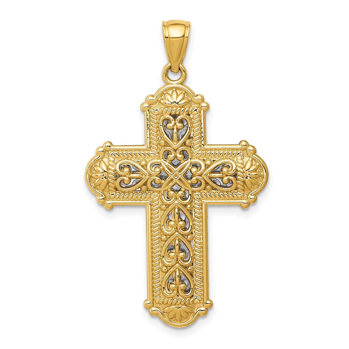 14k Multi-Tone Gold Filigree Budded Cross Pendant with Polished Bail and White Gold Center