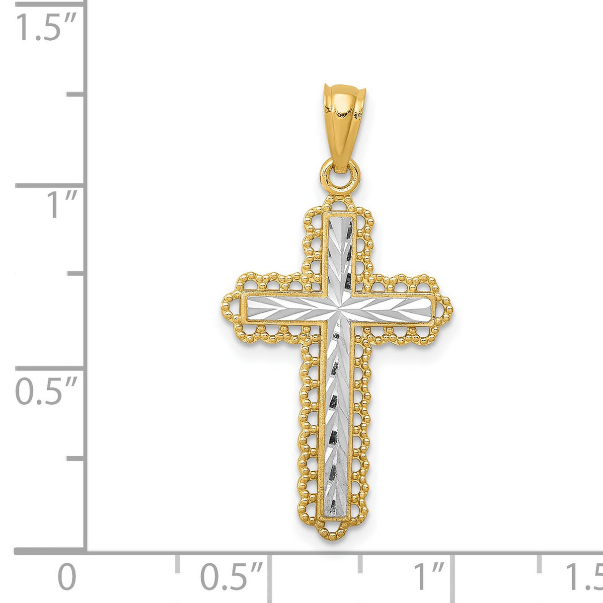 Budded Cross With Rhodium Accented Latin Cross Charm Pendant in Real 14k Multi-Tone Gold