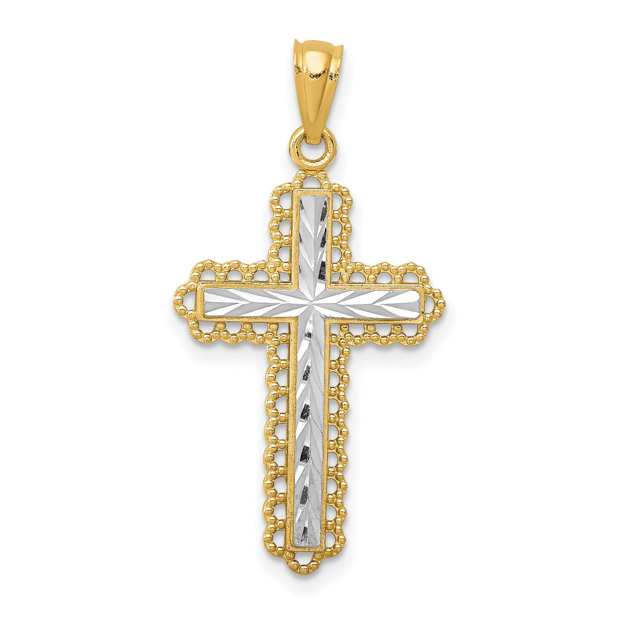 Budded Cross With Rhodium Accented Latin Cross Charm Pendant in Real 14k Multi-Tone Gold