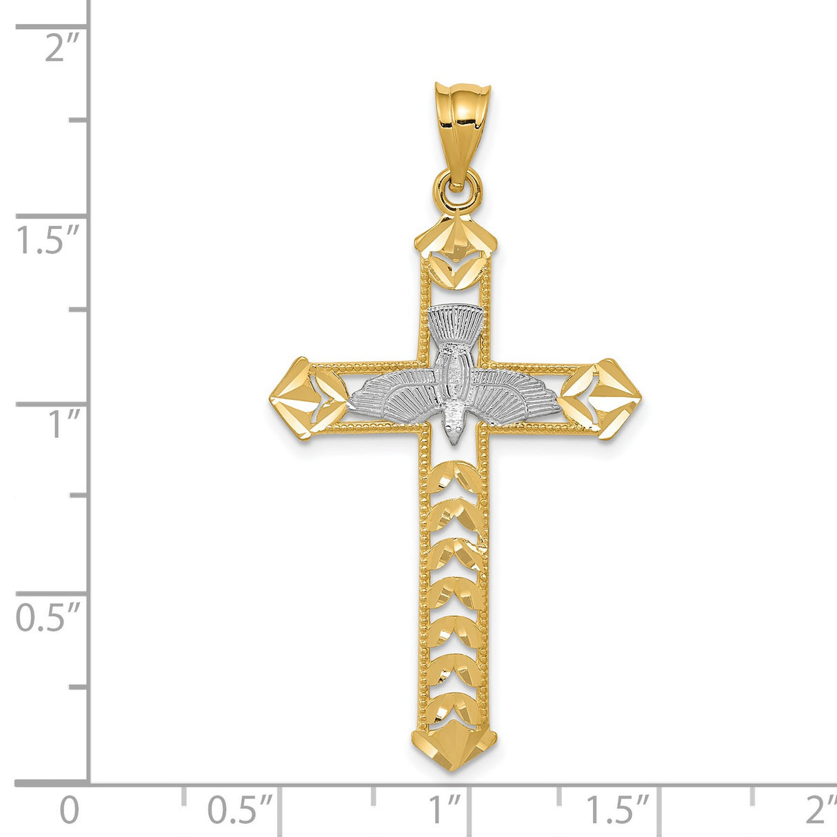 Passion Cross With Rhodium Dove Charm Pendant in Real 14k Multi-Tone Gold