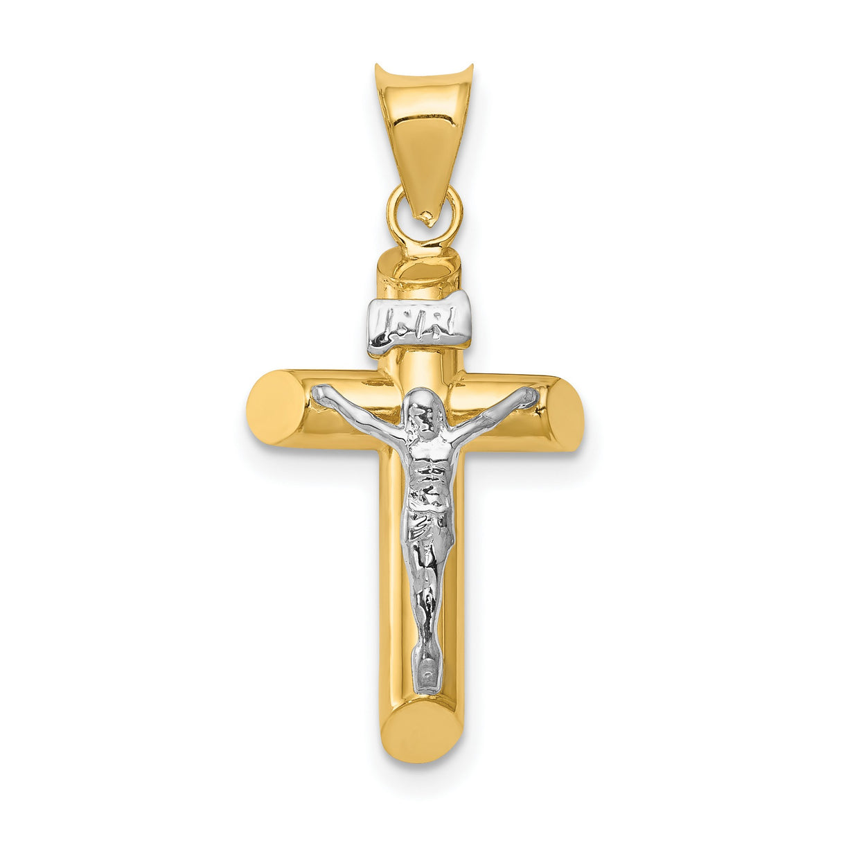 Polished INRI Latin Crucifix With Angled Tips Charm Pendant in Real 14k Multi-Tone Gold