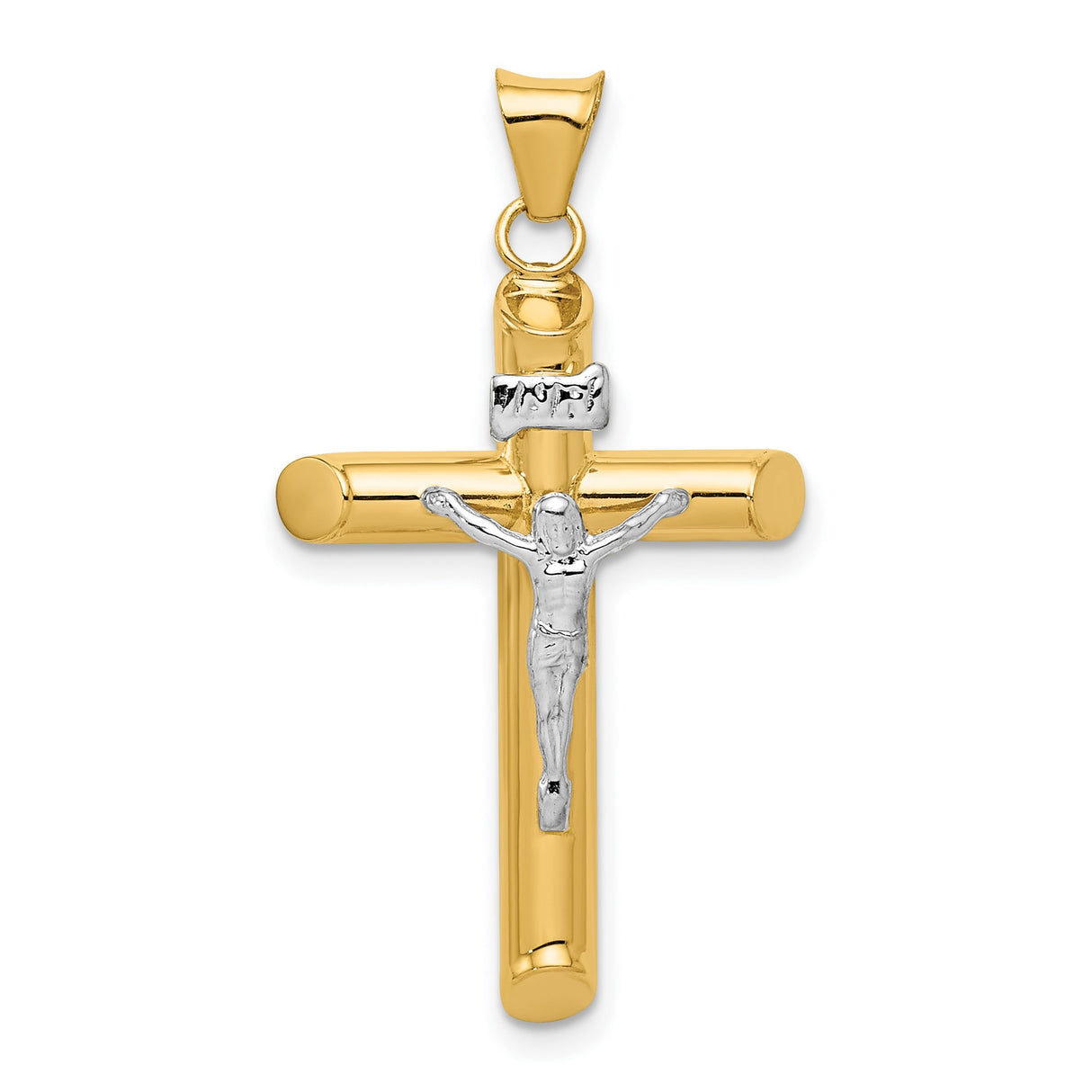 Polished INRI Latin Crucifix With Shaved Tips Charm Pendant in Real 14k Multi-Tone Gold