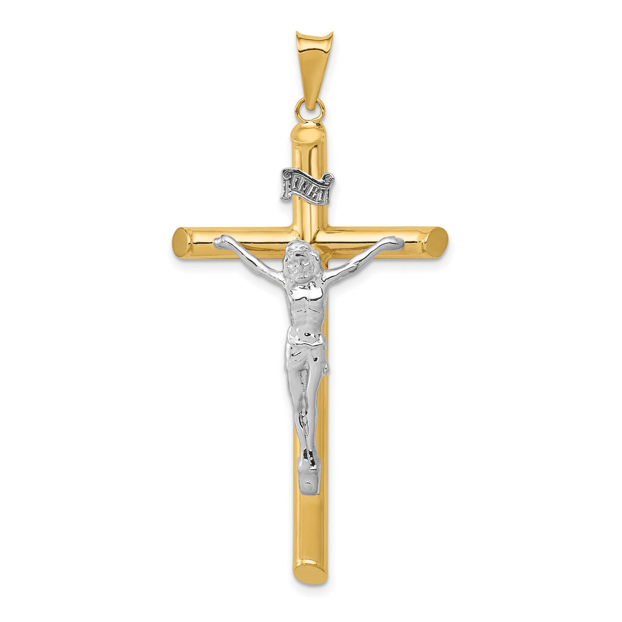 Polished INRI Latin Crucifix With Shaved Tips Charm Pendant in Real 14k Multi-Tone Gold