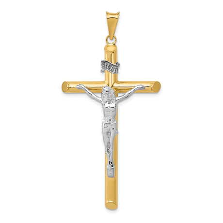14k Two-Tone Gold Latin Crucifix Cross Pendant with INRI and White Jesus Figure