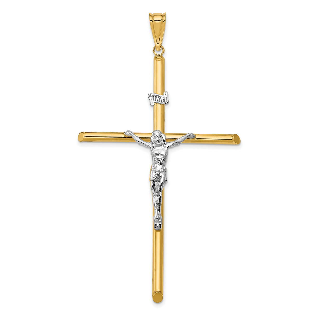 Polished INRI Latin Crucifix With Shaved Tips Charm Pendant in Real 14k Multi-Tone Gold