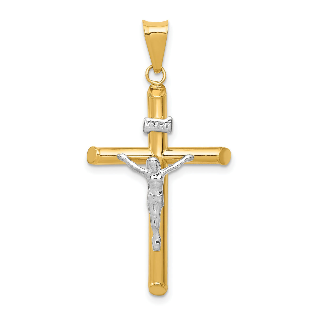 Polished INRI Latin Crucifix With Shaved Tips Charm Pendant in Real 14k Multi-Tone Gold