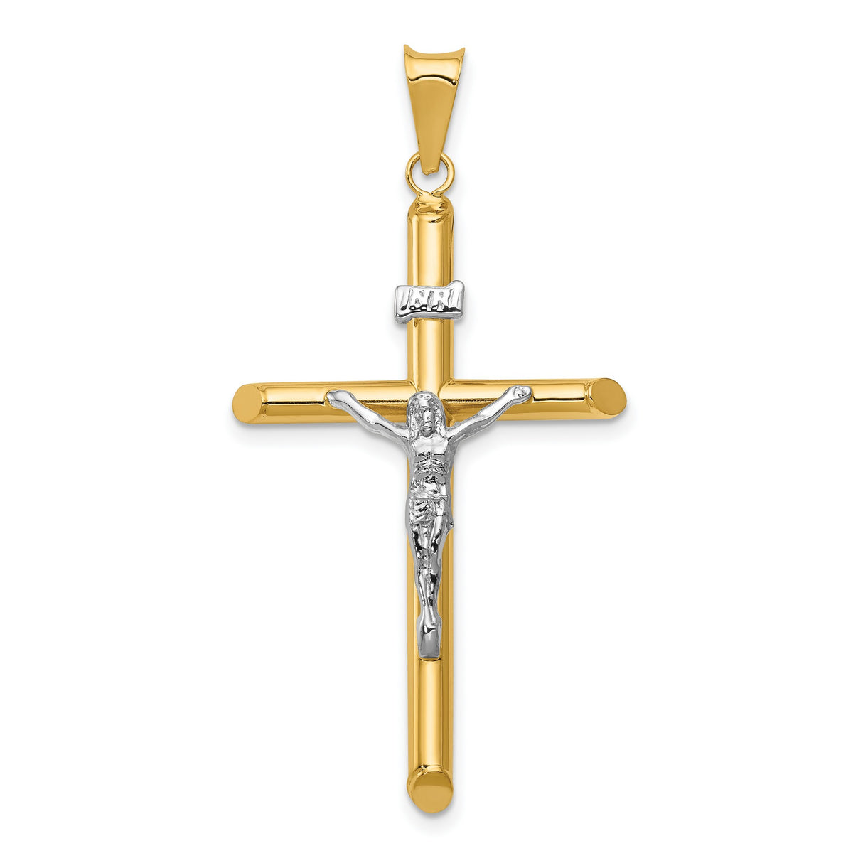 Polished INRI Latin Crucifix With Shaved Tips Charm Pendant in Real 14k Multi-Tone Gold