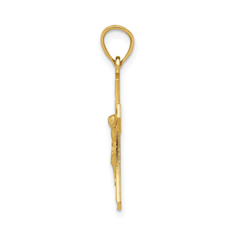 14k Yellow Gold Crucifix Pendant, Textured Latin Cross with Jesus, Christian Religious Jewelry