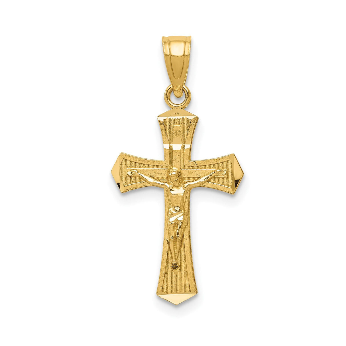 14k Yellow Gold Crucifix Pendant, Textured Latin Cross with Jesus, Christian Religious Jewelry