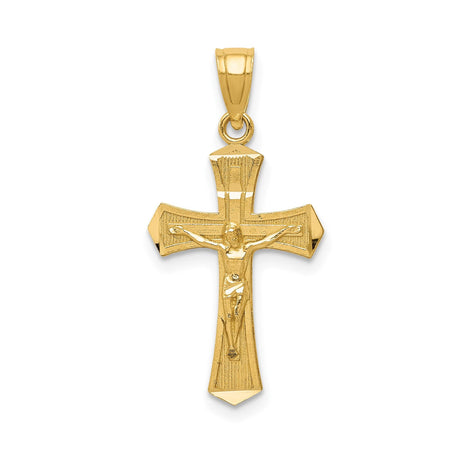 14k Yellow Gold Crucifix Pendant, Textured Latin Cross with Jesus, Christian Religious Jewelry