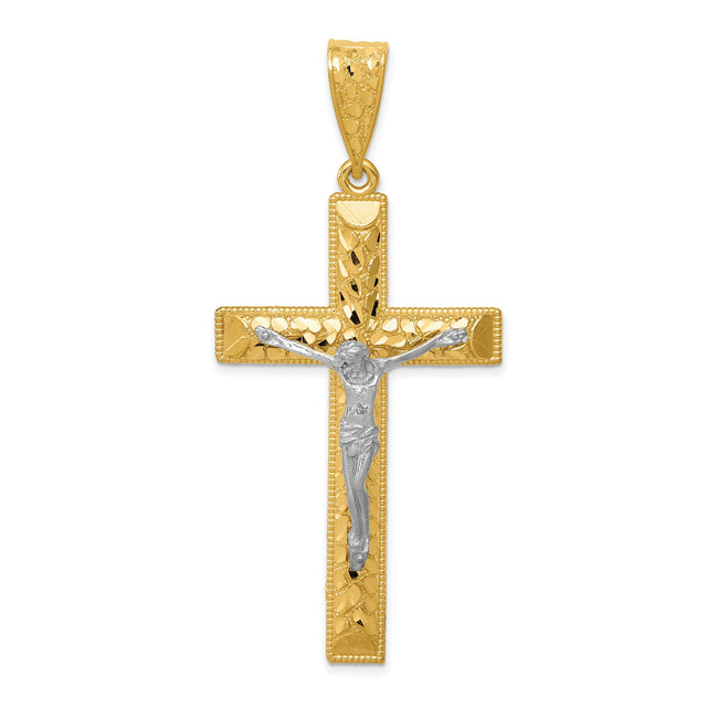 Diamond-Cut Latin Crucifix Charm Pendant in Real 14k Multi-Tone Gold