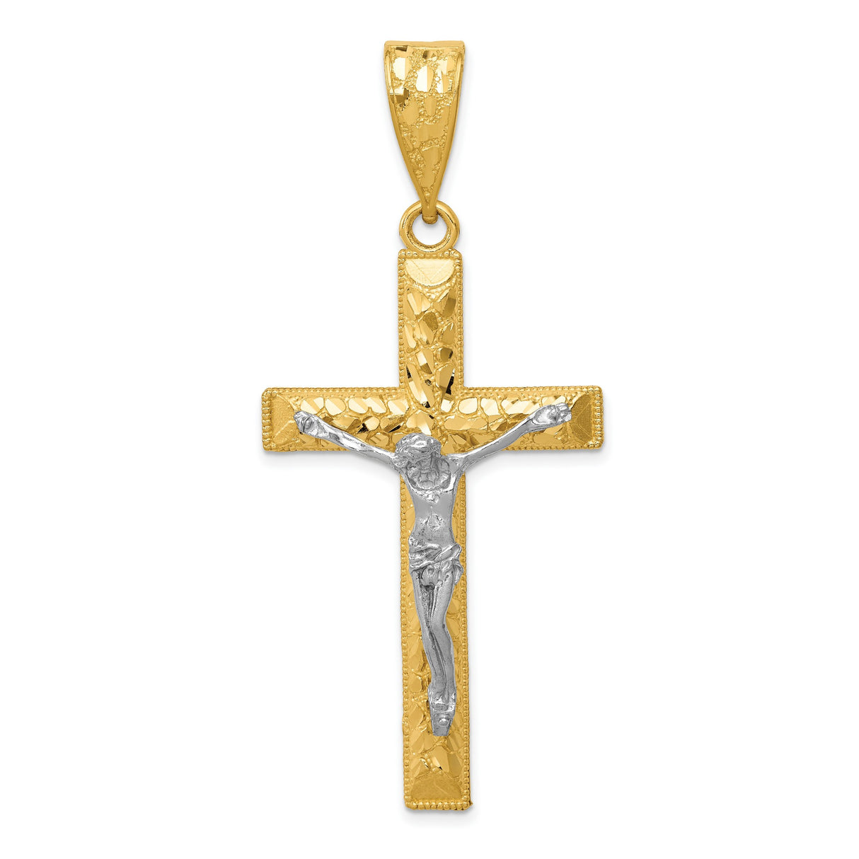 Diamond-Cut Latin Crucifix Charm Pendant in Real 14k Multi-Tone Gold