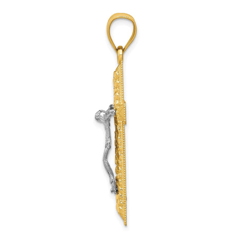 14k Two-Tone Gold Crucifix Cross Pendant with Detailed Christ Figure Symbolizing Faith and Devotion