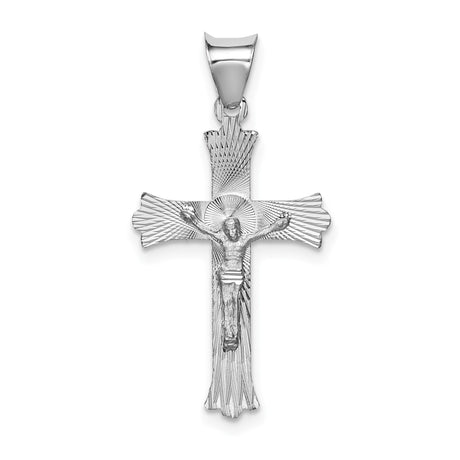 14k White Gold Crucifix Pendant with Sunburst Details and Fleur de Lis Cross