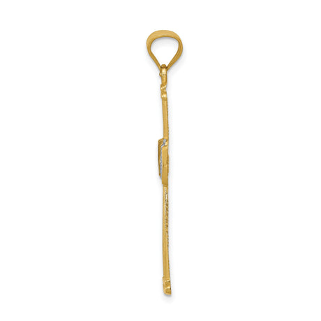 14k Multi-Tone Gold Cross Pendant with Latin Filigree, Floral Center and Scroll Detailing