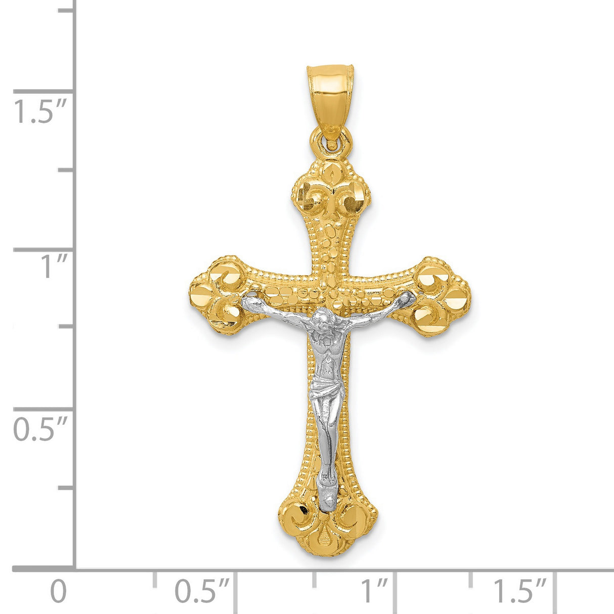 Budded Fleur De Lis Crucifix Charm Pendant in Real 14k Multi-Tone Gold