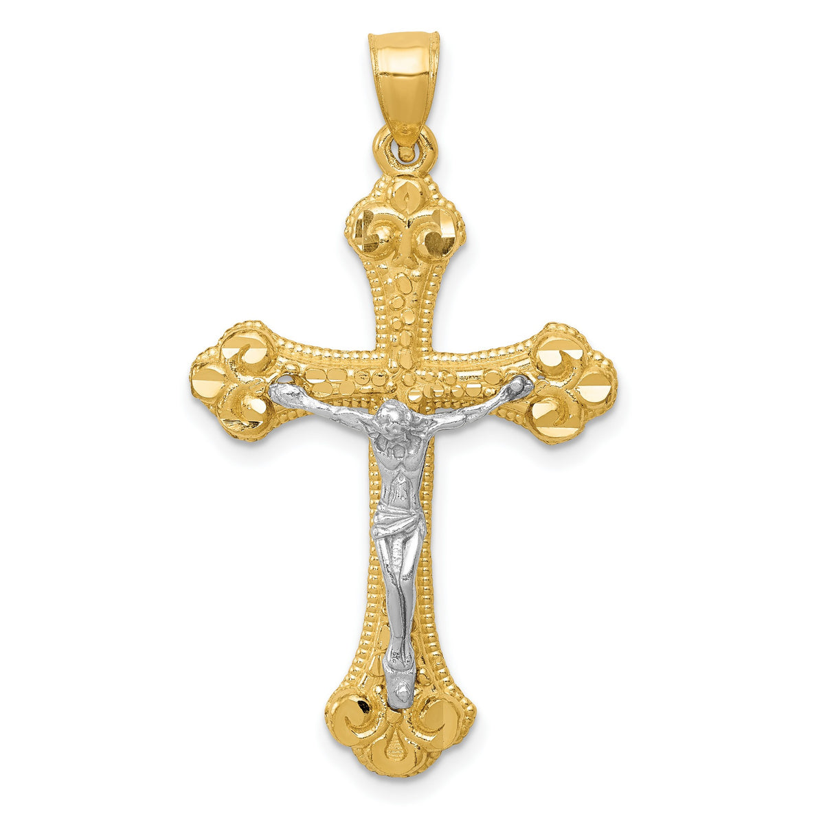 Budded Fleur De Lis Crucifix Charm Pendant in Real 14k Multi-Tone Gold